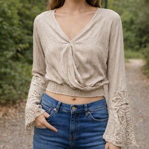 American Threads Tan Cropped Crossover Top Small Boho Lace Sleeve